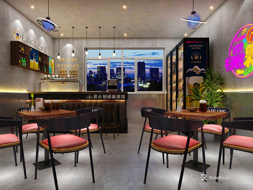 Modern Bar Interior With Stylish Tables Pink Chairs Neon Sign And City Night View 3d model 