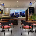 Modern Bar Interior With Stylish Tables Pink Chairs Neon Sign And City Night View