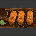 Fresh Salmon Sushi Served on Wooden Platter with Soy Sauce Wasabi and Colorful Garnishes