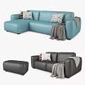 Comfortable Casual Sofa Set with Light Blue Dark Gray Featuring Pillows Throw Blanket and Ottoman 3d model