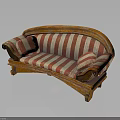 People Sitting On Vintage Wooden Curved Sofa With Red White Striped Cushions