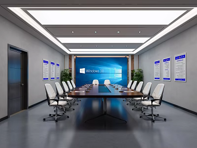Modern Conference Room With Long Table White Chairs Blue Screen And Wall Posters 3d model