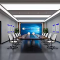 Modern Conference Room With Long Table White Chairs Blue Screen And Wall Posters