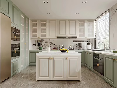 Modern Light Green Kitchen Interior With White Island Counter Appliances And Window Blinds 3d model