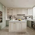Modern Light Green Kitchen Interior With White Island Counter Appliances And Window Blinds