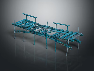 Blue Wooden Bridge Model Featuring Slatted Planks Railings And Support Legs 3d model