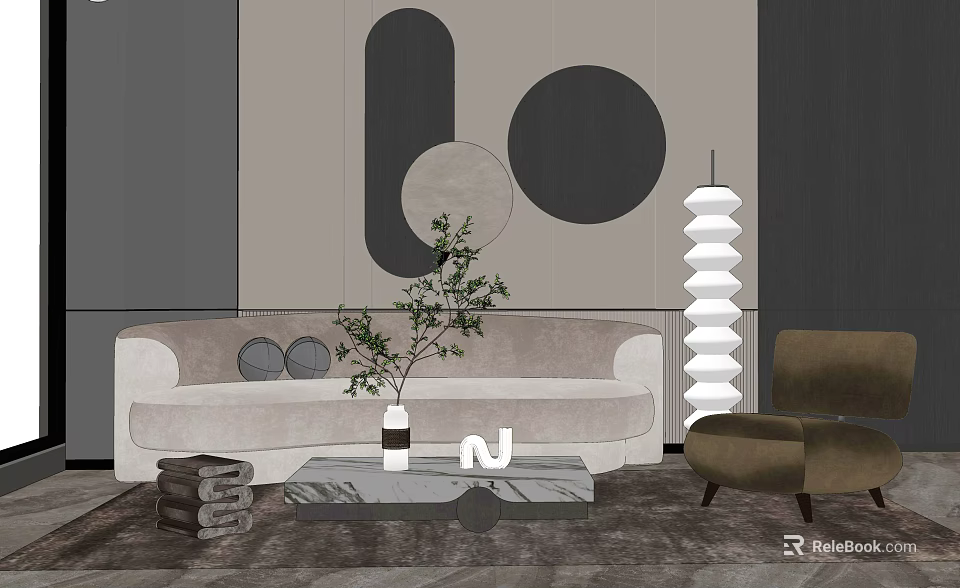 Modern Light Gray Sofa Coffee Table Set with Marble Green Plant and Abstract Wall Art 3d model 