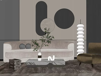 Modern Light Gray Sofa Coffee Table Set with Marble Green Plant and Abstract Wall Art 3d model