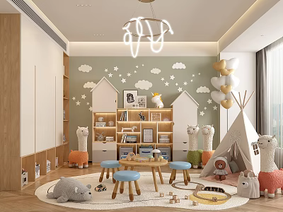Cozy Kids Room With Cloud Wall Bookcases Teepee And Plush Toys 3d model