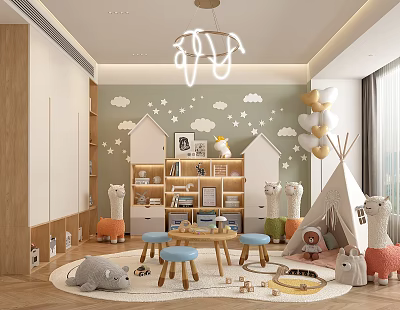 Cozy Kids Room With Cloud Wall Bookcases Teepee And Plush Toys 3d model