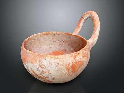 Rustic Ceramic Bowl With Curved Handle And Orange White Distressed Texture 3d model