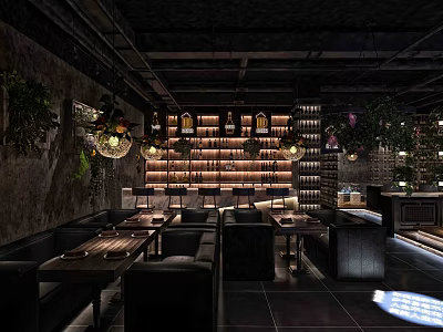 Modern Bar Interior Design With Wine Racks Pendant Lights And Sofa Seats 3d model