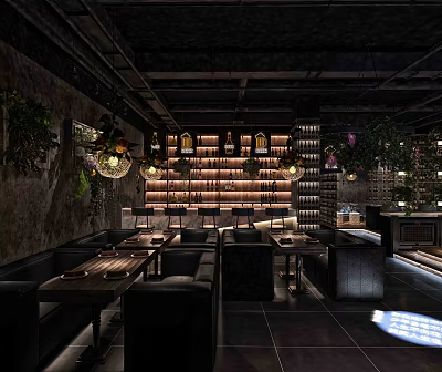 Modern Bar Interior Design With Wine Racks Pendant Lights And Sofa Seats 3d model