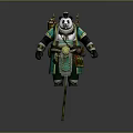 Panda Warrior Character In Green And White Outfit With Backpack And Staff Standing Pose