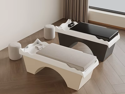 Modern Cream And Black Massage Tables With Round Stools Near Window And Curtain 3d model