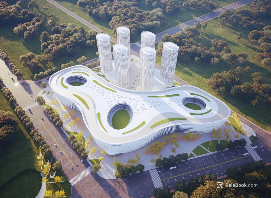 Modern Urban Aerial Planning With High Rise Buildings Circular Layout Green Spaces And Road Network 3d model 
