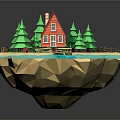 Red Small House on Floating Island Surrounded by Green Trees Blue Water and Wooden Bridge