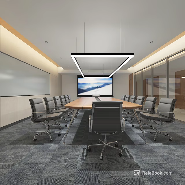 Modern Meeting Room Interior Design With Long Conference Table Chairs Large Screen And Whiteboard 3d model 