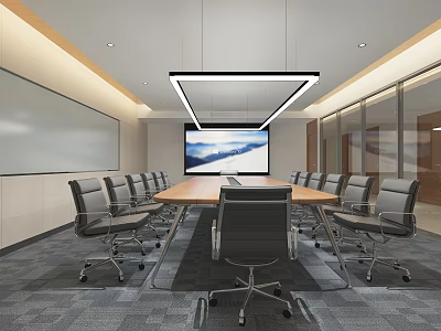 Modern Meeting Room Interior Design With Long Conference Table Chairs Large Screen And Whiteboard 3d model