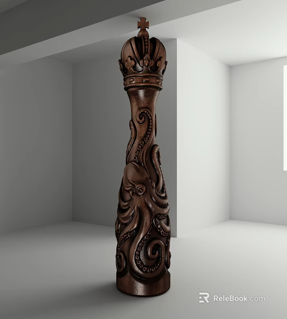 Dark Brown Wooden Column With Intricate Carved Patterns And Ornate Crown Top 3d model 