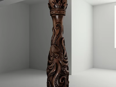 Dark Brown Wooden Column With Intricate Carved Patterns And Ornate Crown Top 3d model