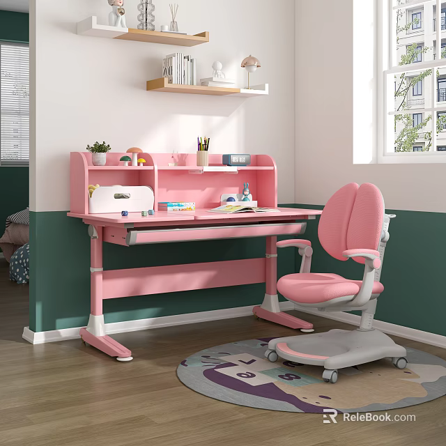 Pink Kids Desk With Ergonomic Chair And Stationery Storage In Children Room 3d model 