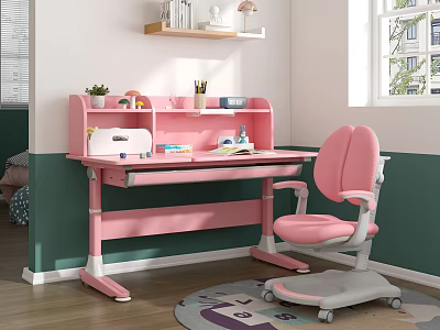 Pink Kids Desk With Ergonomic Chair And Stationery Storage In Children Room 3d model