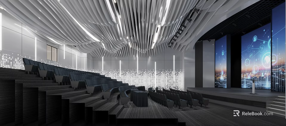 Modern Auditorium Interior With Stepped Seats Ceiling Lights And Large Projection Screen 3d model 