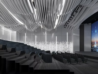 Modern Auditorium Interior With Stepped Seats Ceiling Lights And Large Projection Screen 3d model