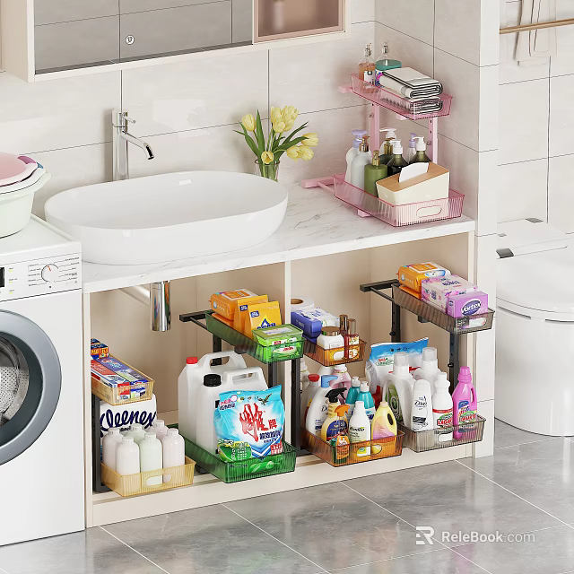 Bathroom Interior With Sink Countertop Storage Racks Toiletries Washing Machine And Flowers 3d model 