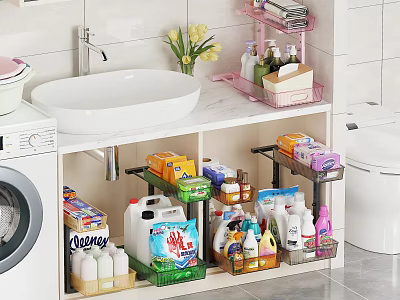 Bathroom Interior With Sink Countertop Storage Racks Toiletries Washing Machine And Flowers 3d model