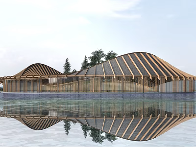 Modern Wooden Pergola Structure Featuring Water Reflection and Surrounding Trees 3d model