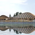 Modern Wooden Pergola Structure Featuring Water Reflection and Surrounding Trees 3d model