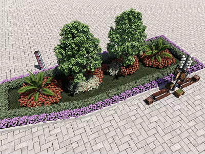 Decorative Flower Bed And Planters With Green Trees Colorful Flowers And Paved Ground 3d model