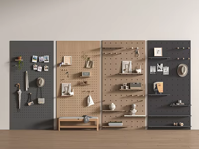 Pegboard Wall Decor in Grey Beige Black with Photos Hats Hooks and Small Decor Items 3d model