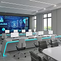 Modern Monitoring Room Featuring Large Digital Screen Multiple Computer Monitors Data Charts and Ergonomic Workstations