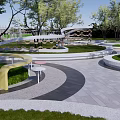 Scenic Park Landscape With Lake Water Area Circular Lawn Features Curved Walkways And Green Trees