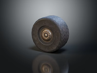 Close-up View Of Black Textured Tire With Metal Rim On Dark Reflective Background 3d model