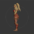 Female Game Movie Warrior Character in Red and Gold Detailed Armor