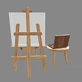 Creative Art Supplies Arrangement With Easel Open Paint Box Wooden Stool And Gray Chair