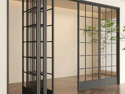 Black Frame Glass Folding Doors In Modern Interior With Wooden Floor And Green Plant 3d model