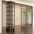 Black Frame Glass Folding Doors In Modern Interior With Wooden Floor And Green Plant