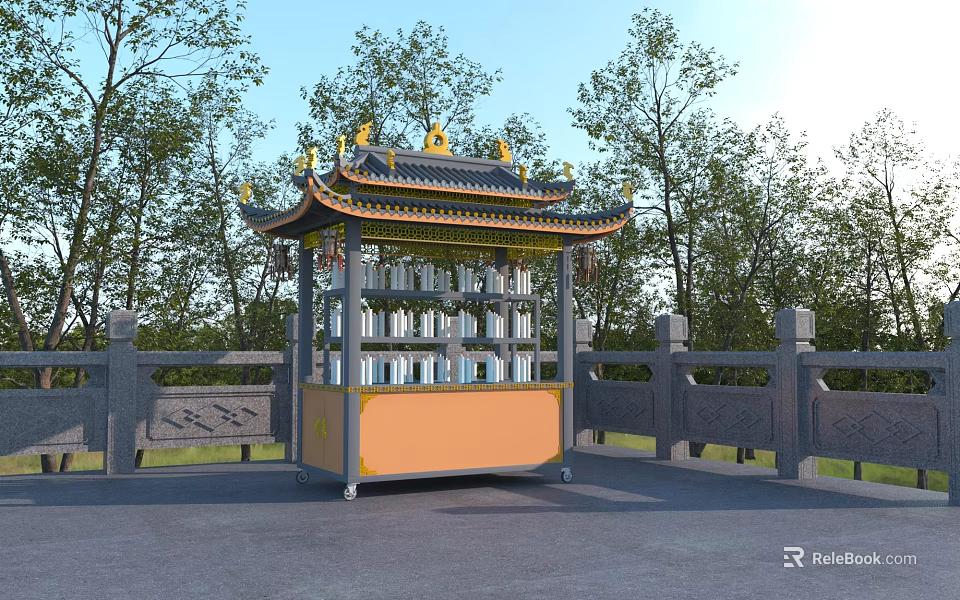 Traditional Pavilion Kiosk With Decorative Roof Glass Windows And Stone Railings 3d model 