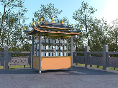 Traditional Pavilion Kiosk With Decorative Roof Glass Windows And Stone Railings 3d model