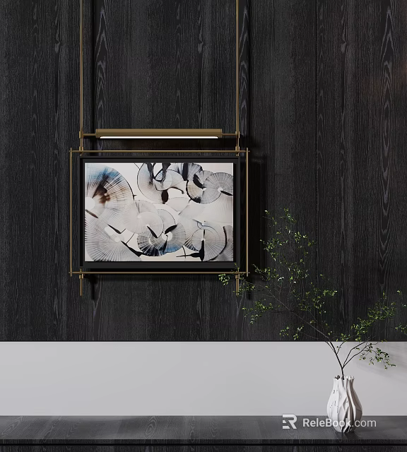 Decorative Painting With Metal Frame On Dark Wooden Wall And Green Plant 3d model 