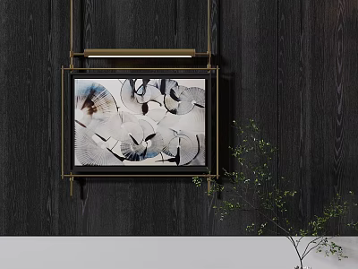 Decorative Painting With Metal Frame On Dark Wooden Wall And Green Plant 3d model