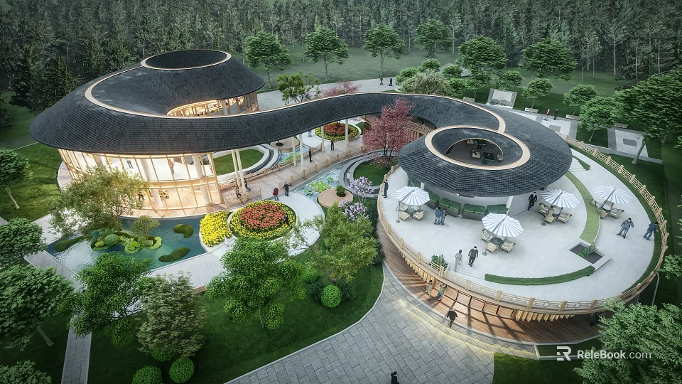 Modern Tourist Center Featuring Curved Roof Lush Greenery Water Features And Seating Areas 3d model 