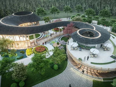 Modern Tourist Center Featuring Curved Roof Lush Greenery Water Features And Seating Areas 3d model
