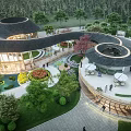 Modern Tourist Center Featuring Curved Roof Lush Greenery Water Features And Seating Areas