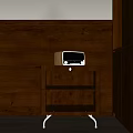 Bedside Table With Vintage Radio On Brown Wooden Wall Drawer Grid Design And Wooden Cabinet